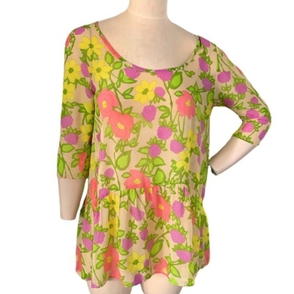 Everly  Sheer Floral Peplum Blouse Sz S/M Multicolor #232J - Picture 1 of 5